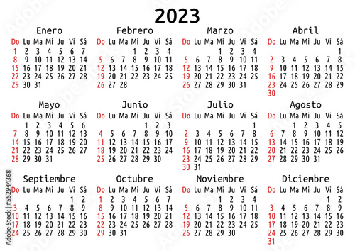 2023 calendar, Spanish, America. Vector compact annual wall or planner template for A4 or A5 paper size. Simple minimal one page per year design, EPS 8. Week starts Sunday photo