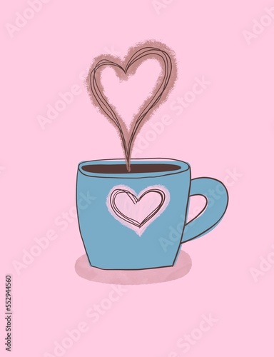 Coffee green cup with hearts on a pink background  digital drawing.