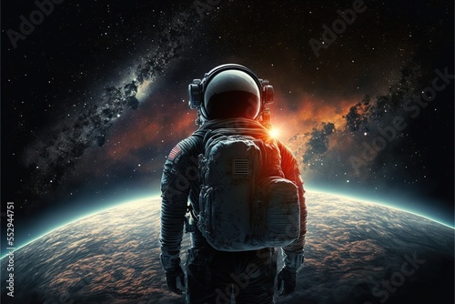 Fotografia, Obraz An astronaut standing in space facing towards the planets.