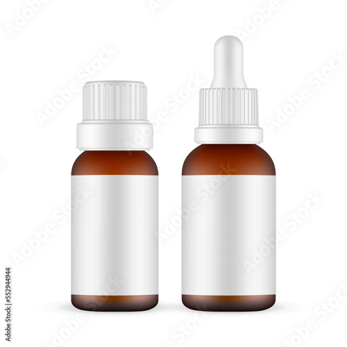 Two Amber Dropper Bottles With Blank Labels, Front View, Isolated on White Background. Vector Illustration