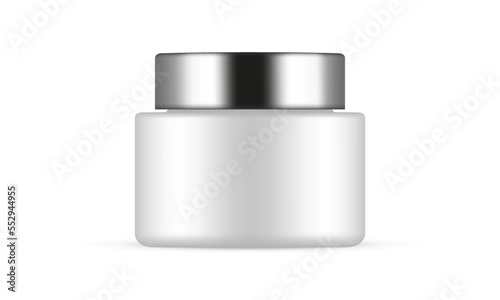 Blank Plastic Jar Mockup With Metal Cap, Front View, Isolated on White Background. Vector Illustration
