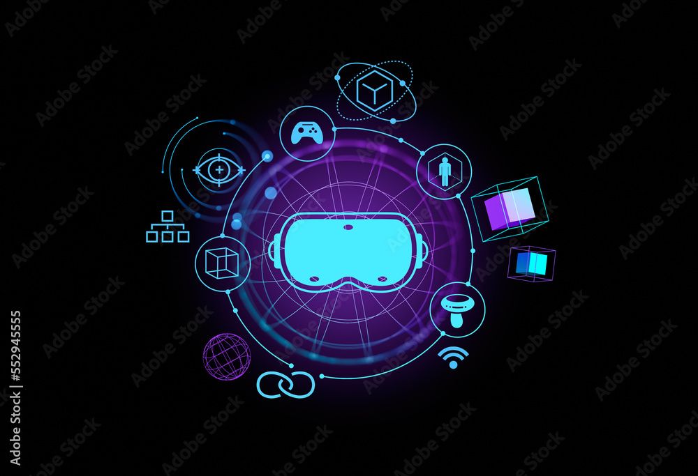 Virtual reality hologram with glasses, online connection with icons Virtual reality hologram with glasses, online connection with icons