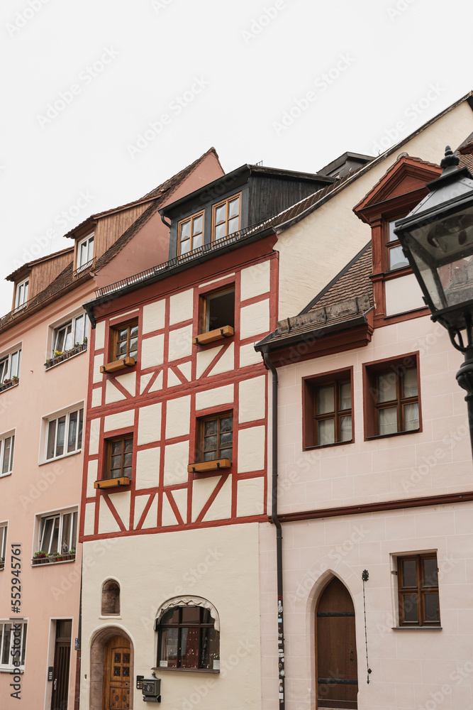 Traditional European old town buildings. Old historic architecture in Nuremberg, Germany