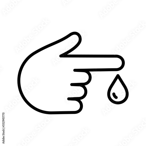 Finger blood test icon. Finger with blood drop. Pictogram isolated on a white background.