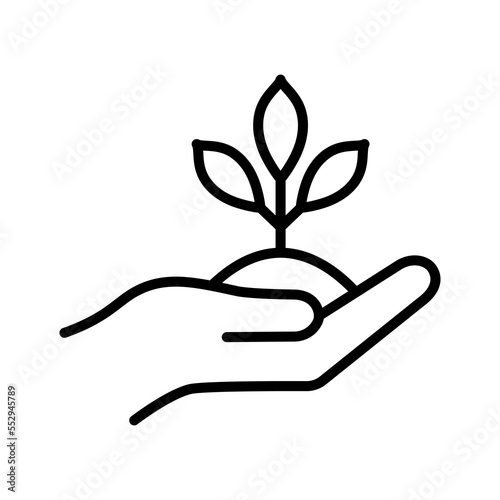 Hand holding plant with leaves. Business growing or agriculture outlined symbol.