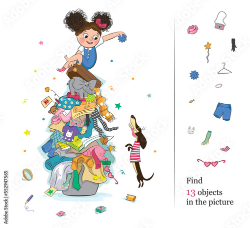 Confusion, disorder, cheerful game of a girl with a dachshund. Find 13 hidden objects in the picture. Hidden Object Puzzle. Vector illustration.