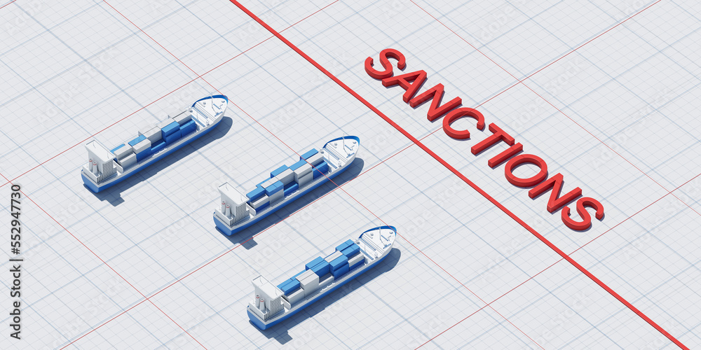 Aerial view of cargo ship with containers on a lined paper with sanctions Aerial view of cargo ship with containers on a lined paper with sanctions