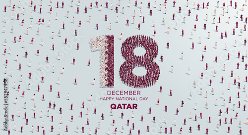 Happy National Day Qatar. A large group of people form to create number 18 as Qatar celebrates it’s National Day on the 18th December. Vector illustration.