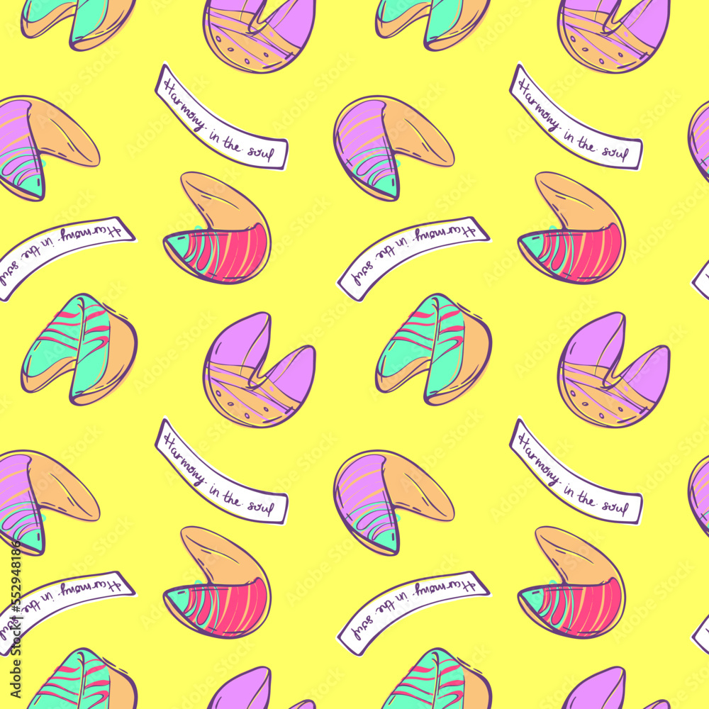 Seamless pattern with Chinese fortune cookies in flat style. Cookies decorated with colored glaze. Asian traditional food. Vector background for any design.
