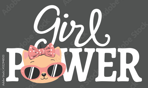 Girl Power slogan text with cute cat girl on dark background for t-shirt graphics, fashion prints and other uses