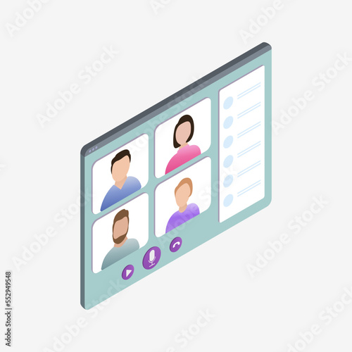 Video conference, online meeting with employees working remotely. People on computer screen taking with colleague. Videoconferencing and online meeting workspace
