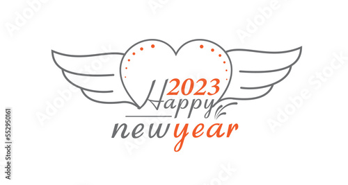 Happy New Year 2023 Logo with Love and wings , creative 2023 calligraphy vector logo typographi design. 