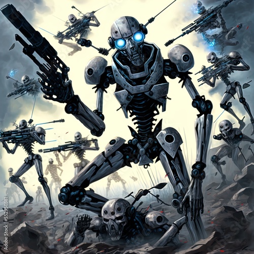 Robot armies battle each other. 