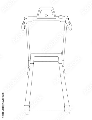 Outline of a treadmill from black lines isolated on a white background. Front view. 3D. Vector illustration.