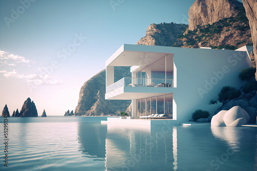 modern architecture design, luxury home with backyard swimming pool, white, clean,fictional architecture made with generative ai