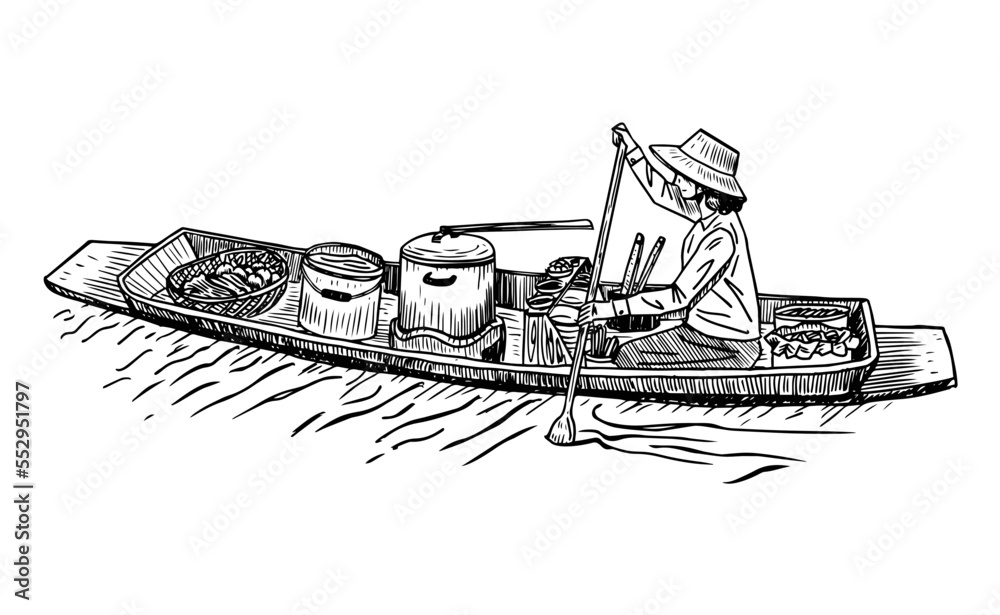 Hand Drawn Boat Noodles Vendor in Floating Market Thailand Stock Vector