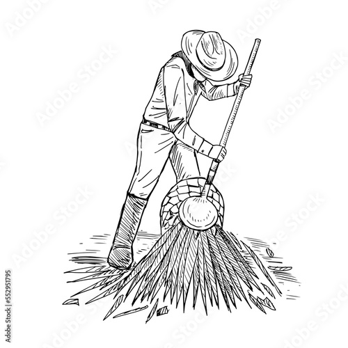 Hand Drawn Mexican Farmer Cutting Agave