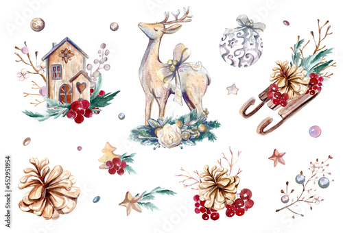 Watercolor Cottage Christmas New Year Set. Transparent background. PNG.