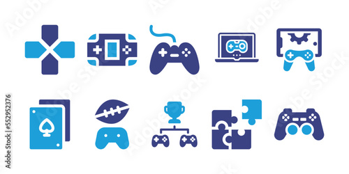 Gaming icon set. Duotone color. Vector illustration. Containing online game, pc game, game control, gamepad, joystick, jigsaw, tournament, bridge.