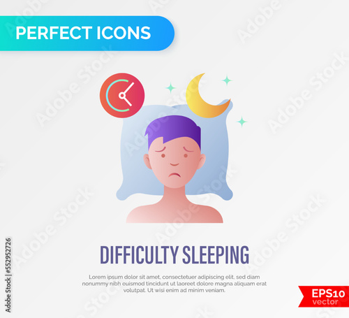 Insomnia: tired man lying on pillow, sleepless, depression, stress. Thin line icon. Vector illustration.