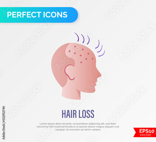 Hair loss. Bald place on men scalp. Alopecia thin line icon. Vector illustration.