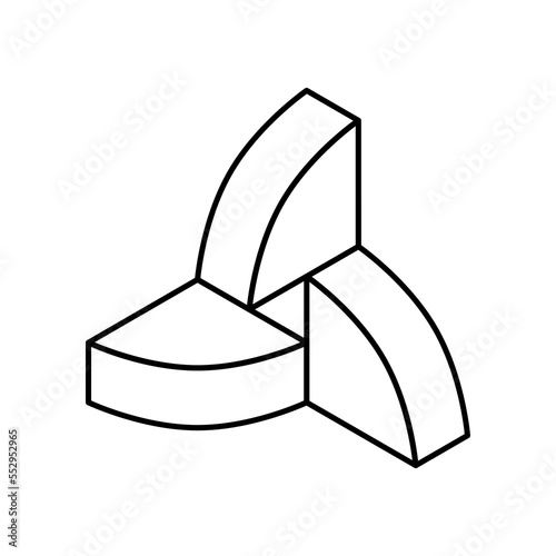 Three quarters linear design template. 2D quarters of a circle. Isometric triangular line elements make a union. Mathematics volume figure. Teamwork concept. Geometry. Vector illustration, clip art.
