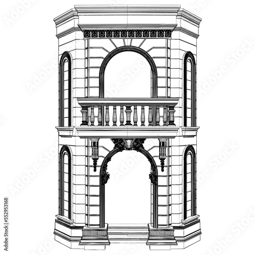 Eclectic House Corner Entrance Vector. Isolated Illustration On White Background. A Vector Illustration Of A Corner Building Entrance With Balcony.
