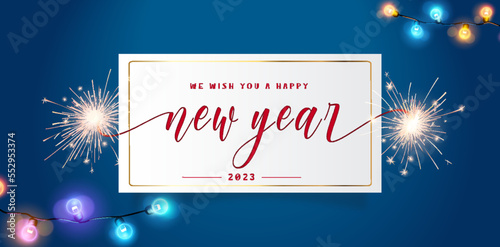 Happy New Year 2023 greeting card design template on blue background. New Year 2023 start concept. Post card with a We wish you a happy new year 2023 red handwritten typography lettering font template