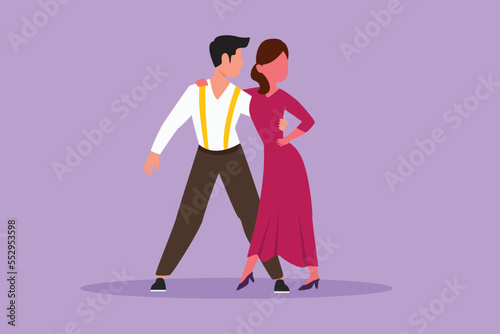 Character flat drawing young people dancing salsa. Happy man and woman in dance. Pairs of dancers with waltz tango and salsa styles moves. Couple dancing together. Cartoon design vector illustration