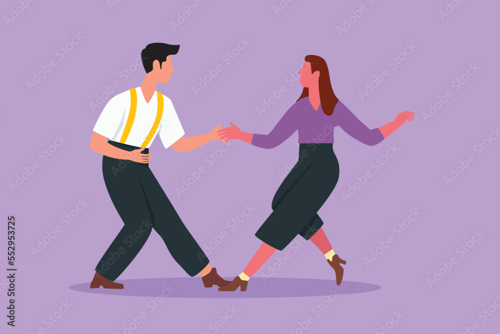 Character flat drawing attractive man and woman dancing Lindy hop or Swing. Young male and female performing dance at school or party. Happy couple dancing together. Cartoon design vector illustration