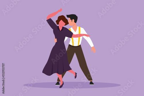 Character flat drawing of young man and woman professional dancer dancing tango, waltz dances on dancing contest dancefloor. Happy couple performance at night party. Cartoon design vector illustration