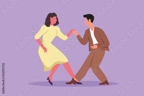 Graphic flat design drawing attractive man and woman dancing Lindy hop or Swing. Male and female characters performing dance at school. Happy couple dancing together. Cartoon style vector illustration