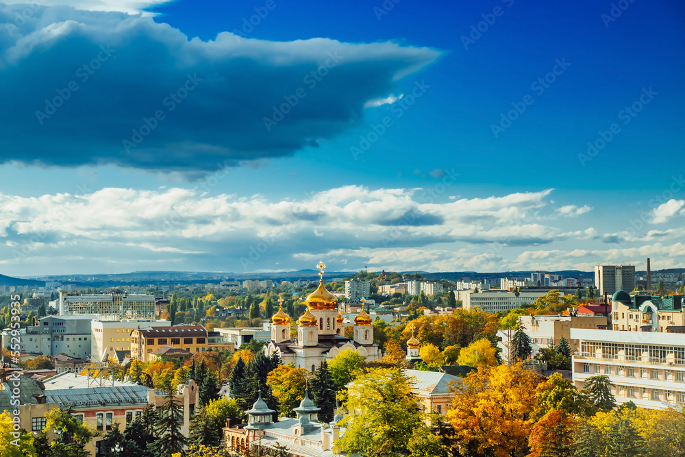 Vin on the central part of Pyatigorsk, Stavropol Territory. Spassky Cathedral with golden domes. Autumn landscape of the resort town