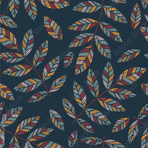 Scandinavian seamless doodle pattern with vintage leaves sketch.  For wrapping paper. Ideal for wallpaper, surface textures, textiles.