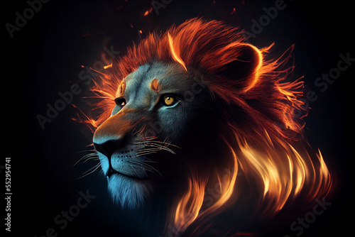 Lion king in fire, Portrait on black background, Wildlife animal. Danger concept. digital art.