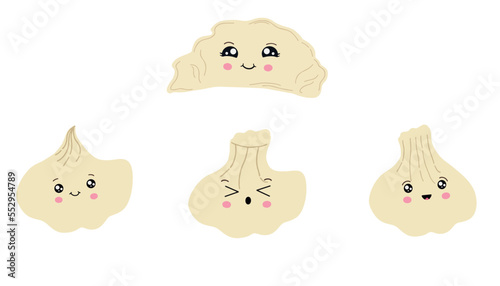 A set of cute dumplings in the style of kawaii. Vector illustration of Asian cuisine.