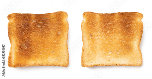 Set of sliced roasted toasts bread isolated on white background. Pieces of lightly toasted white bread. Close-up of toast. Top view.
