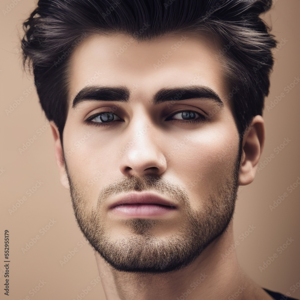 A portrait of a handsome unshaven man with fashionable hair.