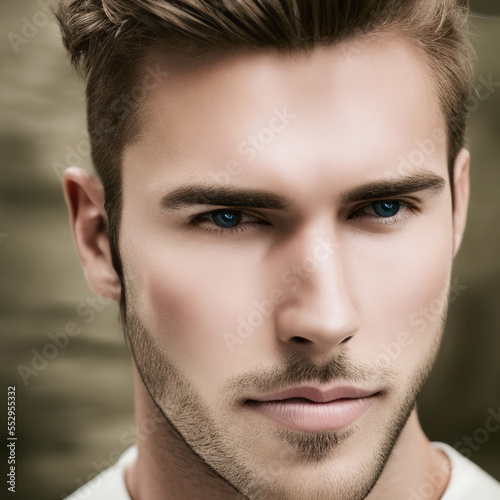 A young handsome guy with a beard on the street. Close-up portrait. AI Art hairstyle.