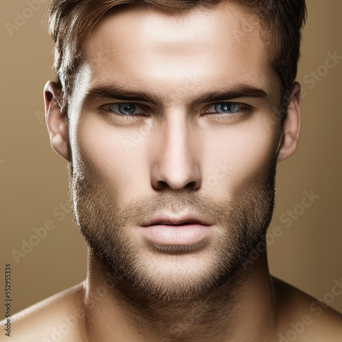 A handsome guy with a manly face and look. Model of a man with a beard. AI Art.