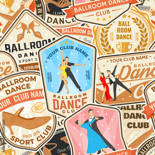 Ballroom dance sport club seamless pattern. Concept for shirt or logo, print, stamp or tee. Dance sport sticker with shoe brush, man and woman, shoes for ballroom dancing silhouette. Vector