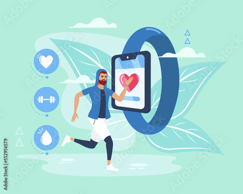 Smart watch technology with a man running. sports activity. Health while exercising concept.
