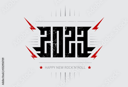 Happy New Rock'n'roll 2023 - music poster with stylized inscription, red lightnings and star. Cool print for t-shirt apparels with inscription. 2023 - t-shirt design for new year party.
