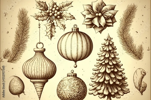 Christmas decoration collection | Set of calligraphic and typographic elements, frames, vintage labels, ribbons, borders, holly berries, fir-tree branches and balls. AI