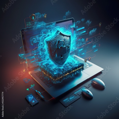 Cyber security, data protection, cyberattacks concept on blue background. Database security software development. Online security concept. Laptop protected with shield. AI

