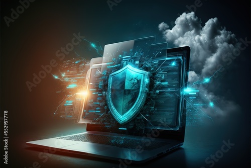 Cyber security, data protection, cyberattacks concept on blue background. Database security software development. Online security concept. Laptop protected with shield. AI
