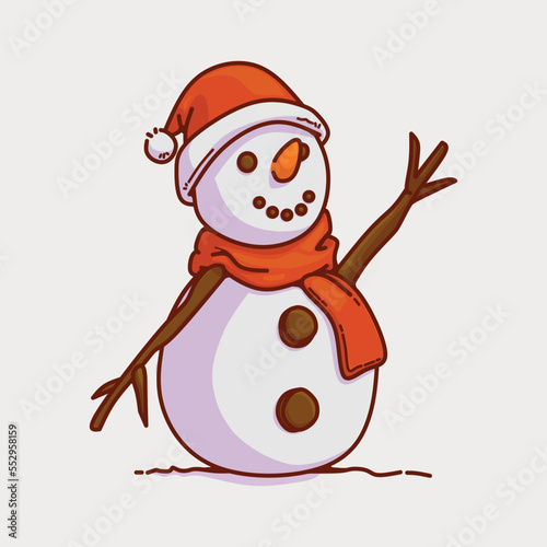 A snowman isolated vector illustration with arms raised up as if to say hello. Suitable for christmas or winter concept design, for printing design.