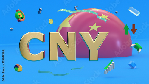 Fototapeta Naklejka Na Ścianę i Meble -  Gilded letters CNY against the background of a fragment of the flag of China, abstract multi-colored shapes, arrows, currency symbols and charts. 3D rendering. Finance, forex concept