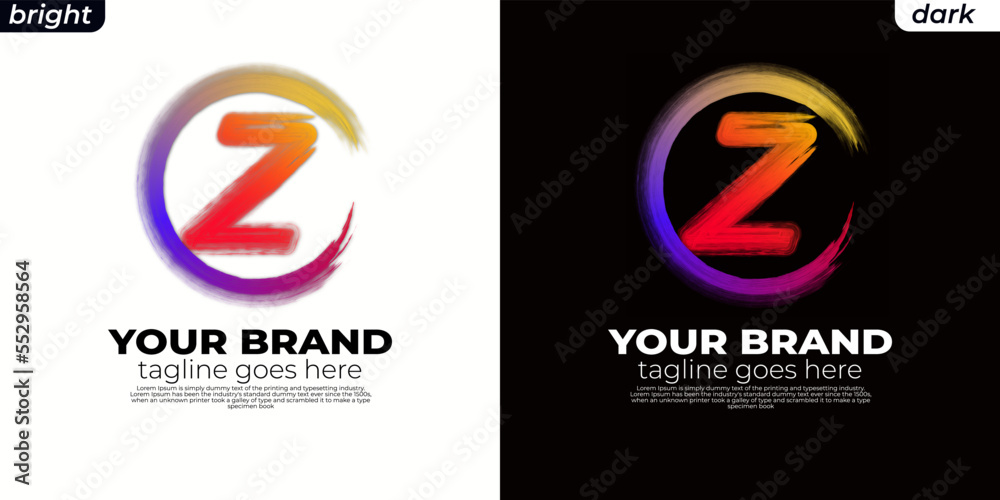 logo Brush initial Z, CZ, ZC, OZ, ZO, circle Z,Round spiral. Wavy cycle. Circular pattern. Black frame on white background. Rotate ring. Circe line. colors orange, yelow, blue, pink