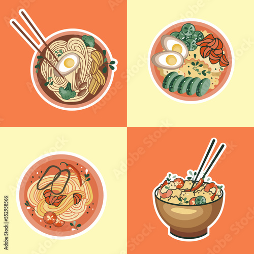 Asian food stickers. Udon or ramen soup. Noodles and rice with seafood. Suitable for restaurant banners, logos, and fast food advertisements. Korean or Chinese food.
